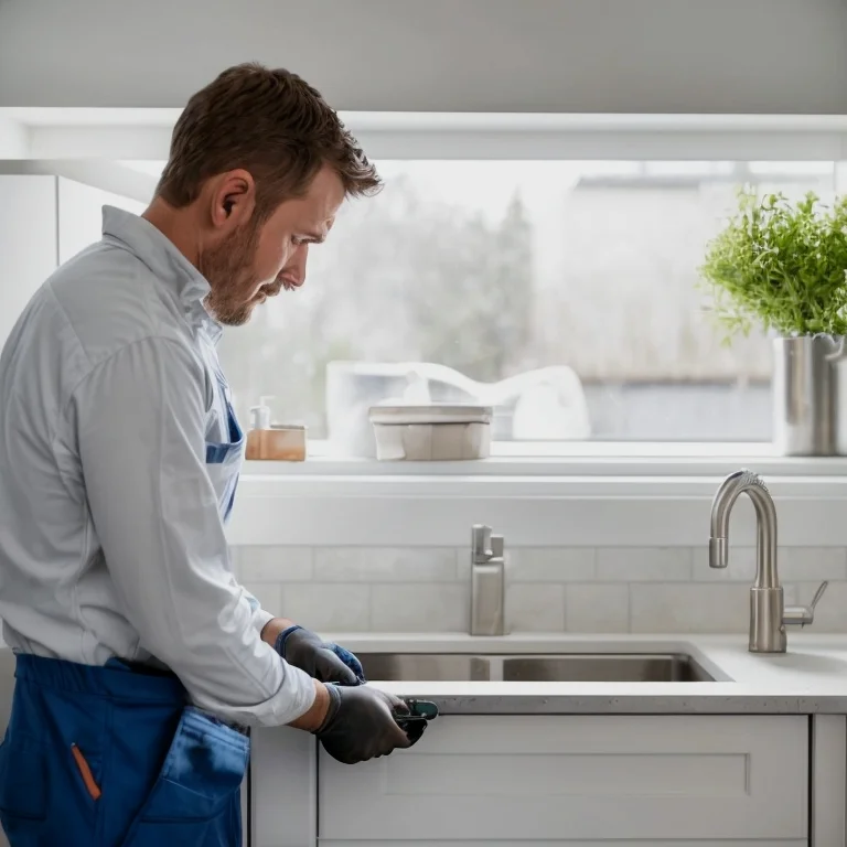Técnico de TapGuard inspeccionando un grifo en cocina